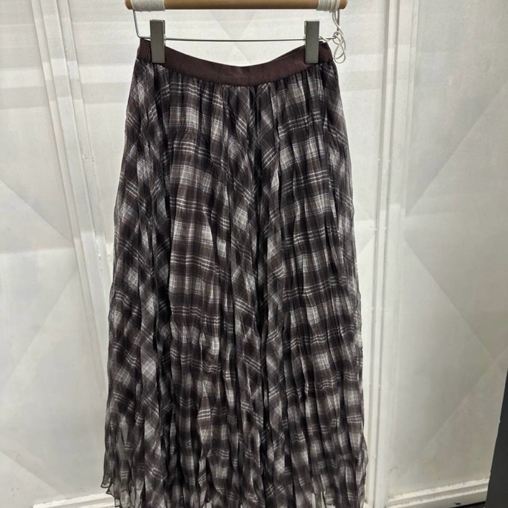 Pleated Plaid Midi Skirt in Charcoal and White From Italy